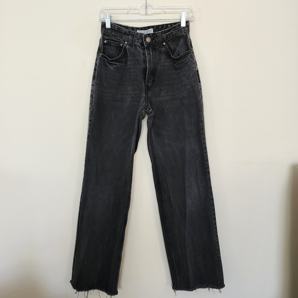 Pull&Bear Women High Waisted Straight Leg Jeans Washed Black Raw Hem Size 2